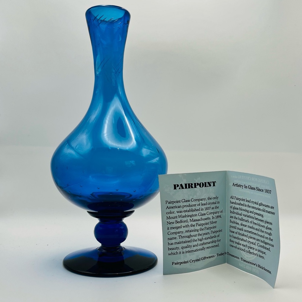 Pairpoint Handblown Cobalt Blue Vase w/ Round Body, Tapered Neck & Stemmed Foot.